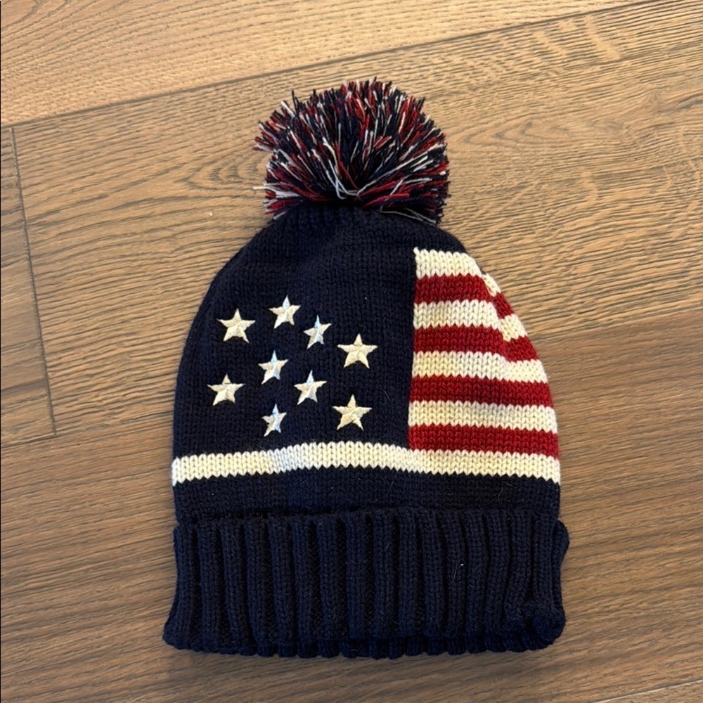 American flag Blue and Red Patriotic Pom-Pom beanie adult size